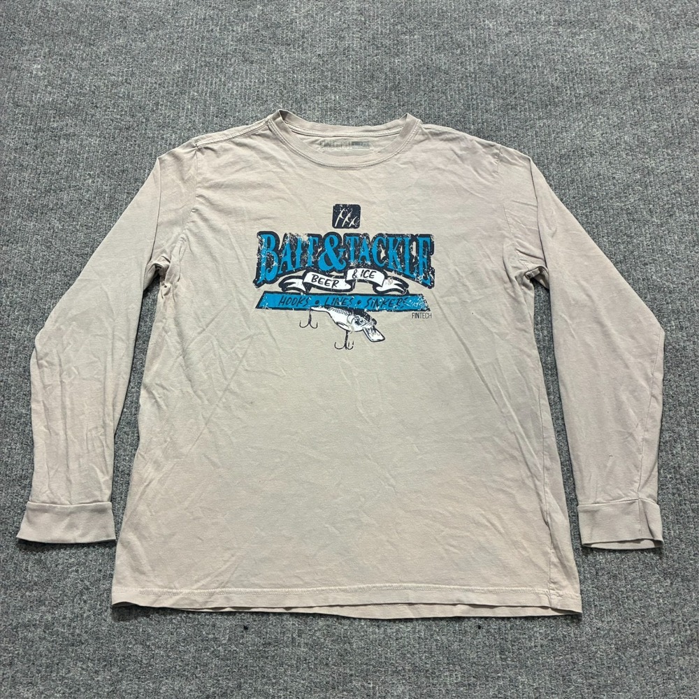 Fintech Bait & Tackle Graphic Shirt Mens Size Large 100% Cotton Long Sleeve